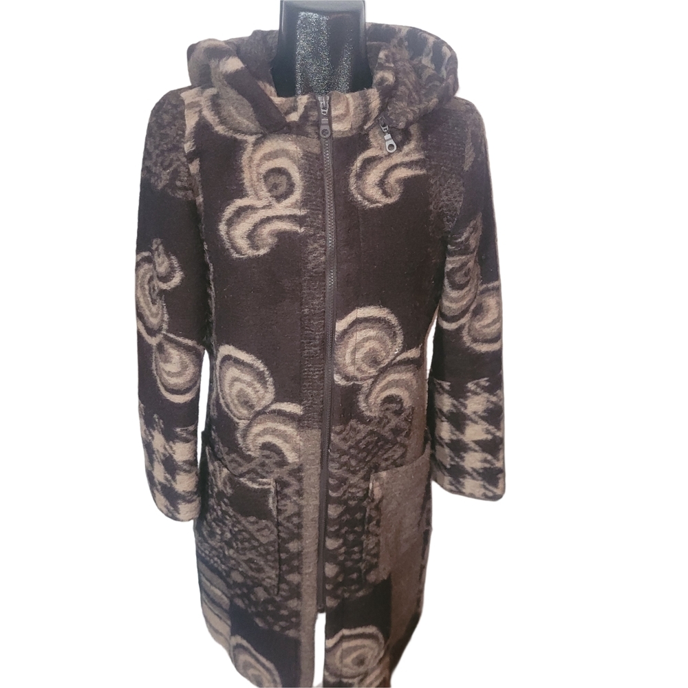 Linea Domani Brown and Tan Patterned Wool Blend Zip-Up Hooded Car Coat Size M